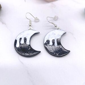 Black and White Drippy Moon Wire Hook Dangle Earrings